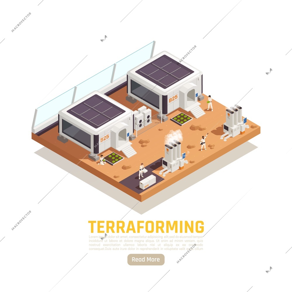 Space colonization terraforming isometric background with planet terrain and living buildings with power plants and people vector illustration