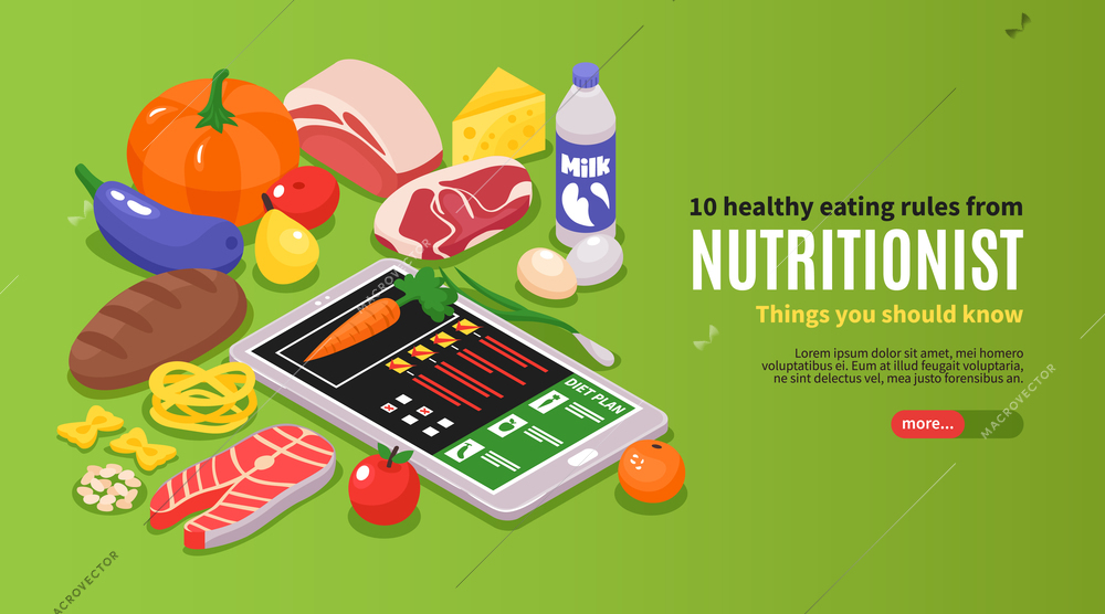 Isometric dietician nutritionist horizontal banner with editable text and images of ripe food with gadget statistics vector illustration