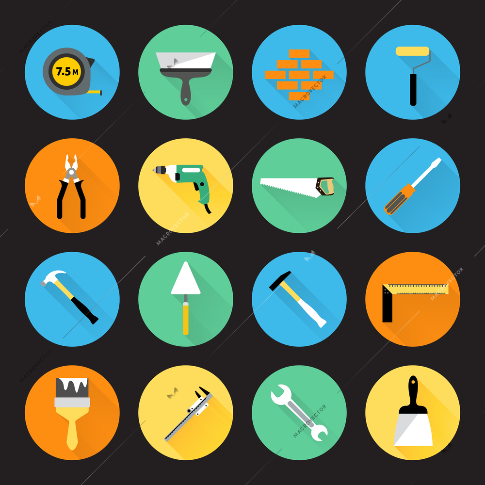 Builder and construction hand work repair instruments icons set isolated vector illustration.