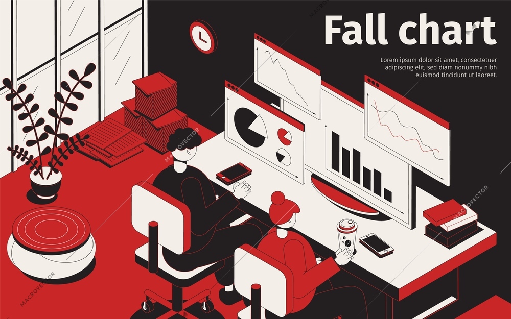 Fall chart isometric background composition with office scenery and workers watching stock graphs on computer screens vector illustration