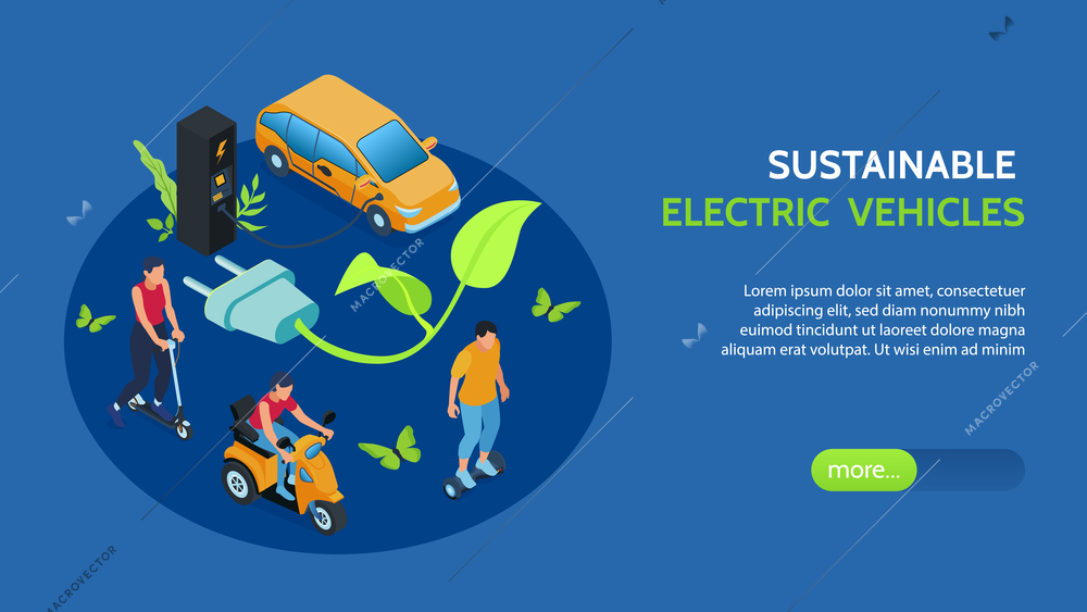 Sustainable electric vehicles isometric web banner with growing from plug green twig symbol blue background vector illustration