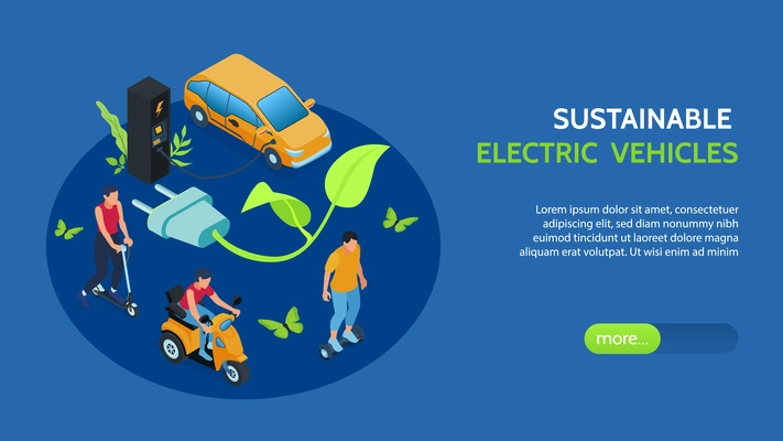 Sustainable electric vehicles isometric web banner with growing from plug green twig symbol blue background vector illustration