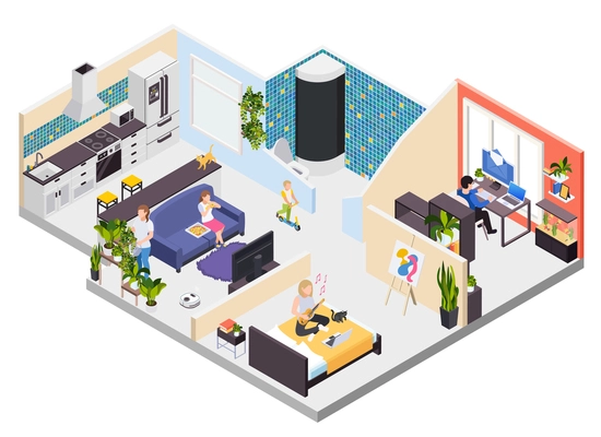 Social distancing staying home working remotely watching tv painting playing guitar family apartment interior isometric vector illustration