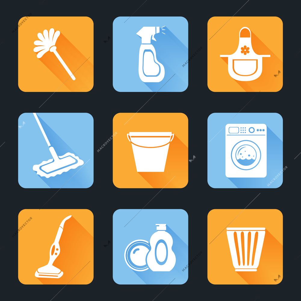 Cleaning washing housework equipment icons flat set isolated vector illustration