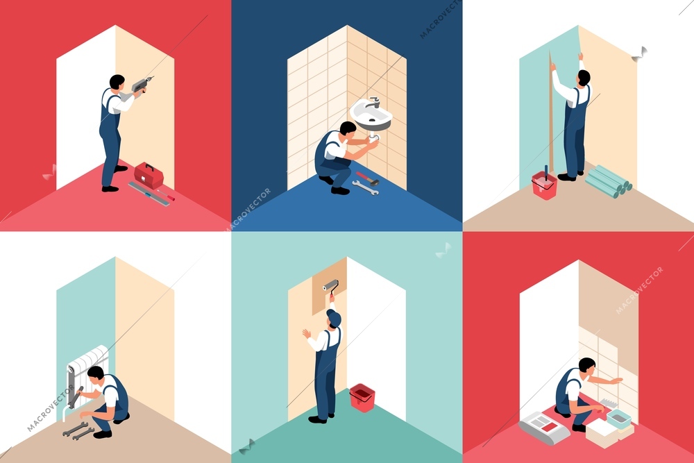 Isometric apartment repair design concept 3x2 set of square compositions with builders and finishers human characters vector illustration