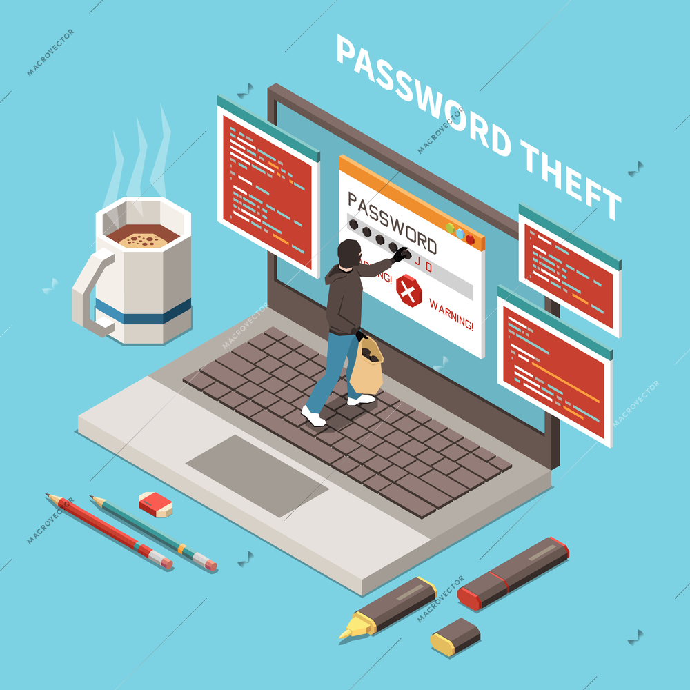 Hacker fishing digital crime isometric and isolated composition with password theft headline vector illustration