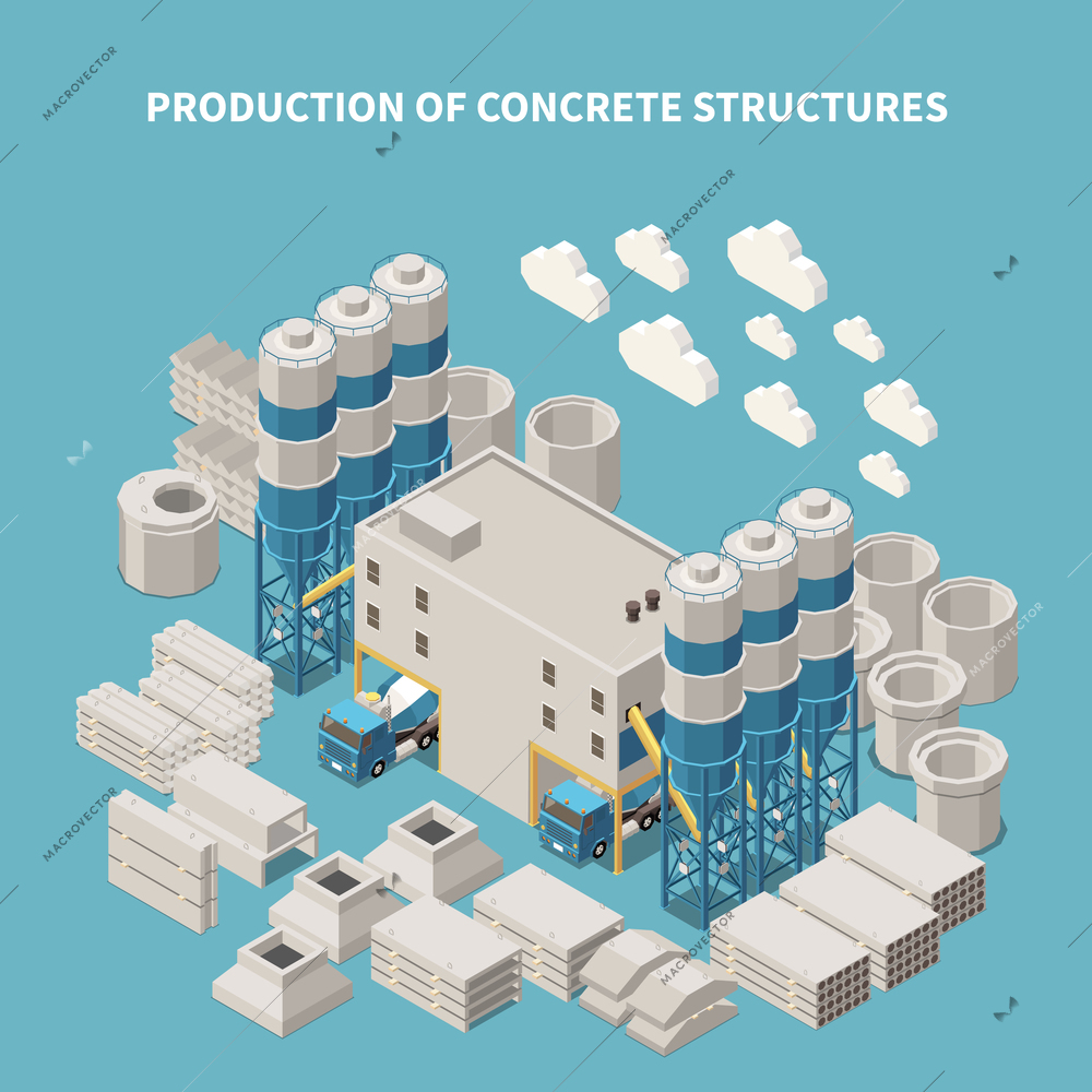 Isometric and colored concrete cement production composition with production of concrete structures description vector illustration