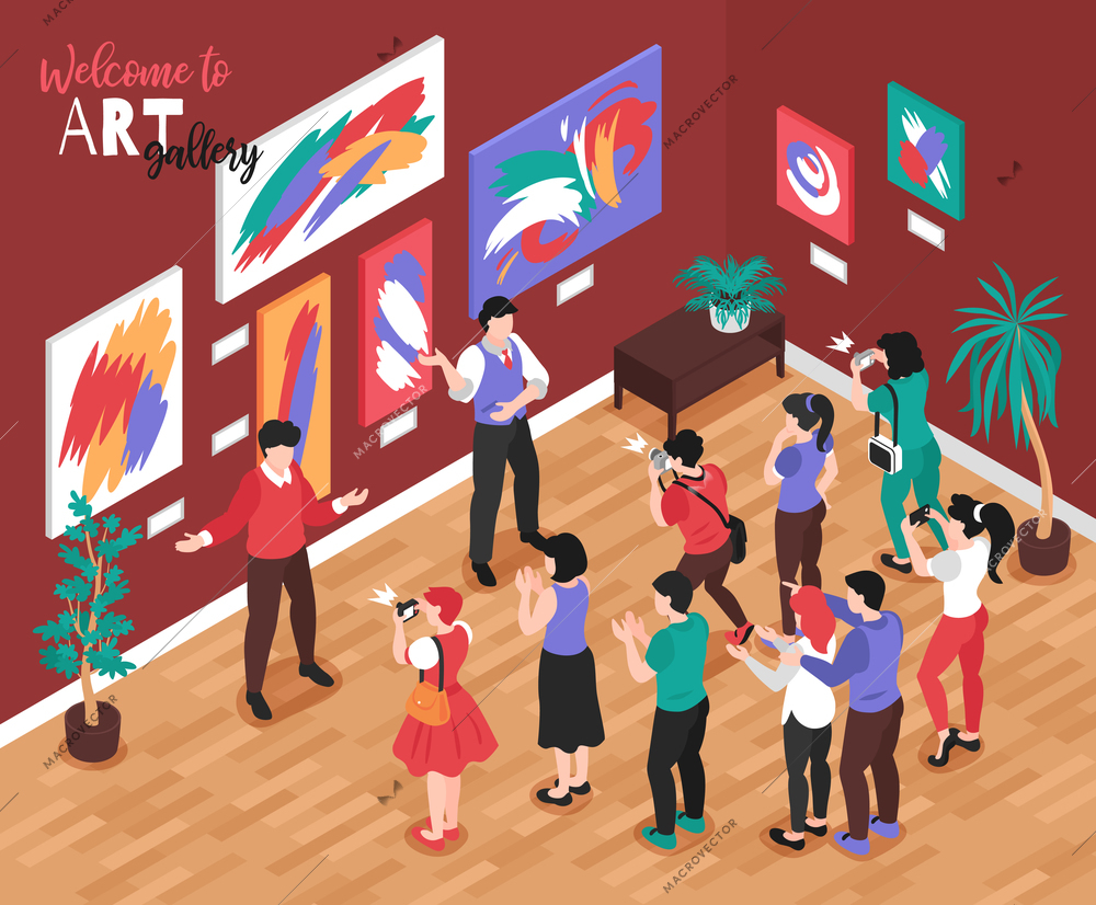 Isometric art gallery composition with indoor exhibition scenery paintings on wall curators and visitors with photographers vector illustration