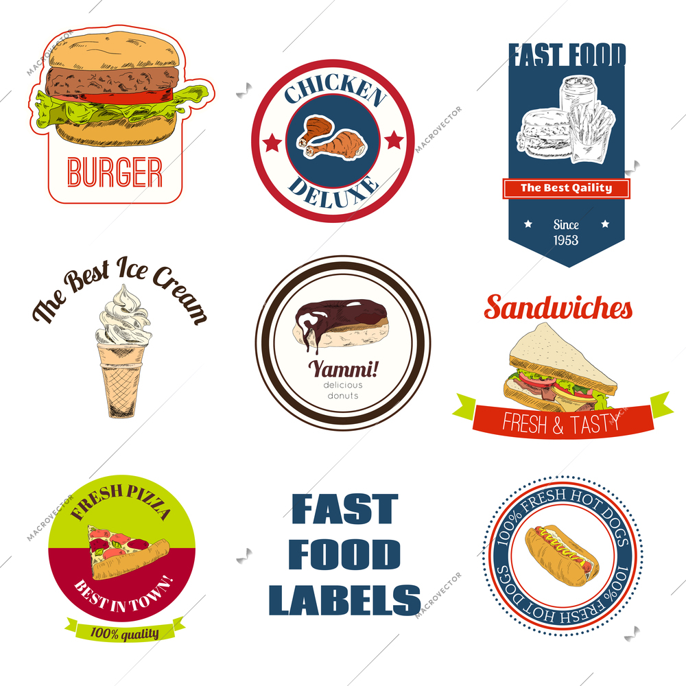 Decorative fast food restaurants and speed service shops takeaway chicken pizza hotdog labels collection  isolated vector illustration