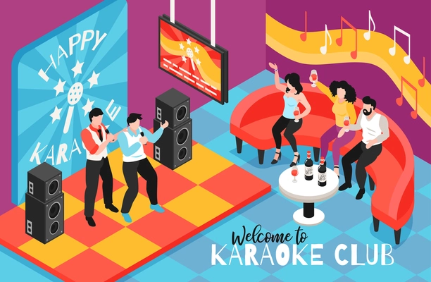 Isometric karaoke bar composition with indoor singing club scenery with stage acoustics musical notes and people vector illustration