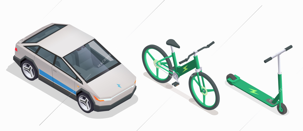 Eco friendly technology isometric collection with isolated icons of electric battery automobile bicycle and kick scooter vector illustration