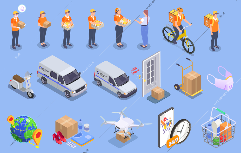 Delivery company service isometric set with isolated icons of goods vehicles and human characters of workers vector illustration