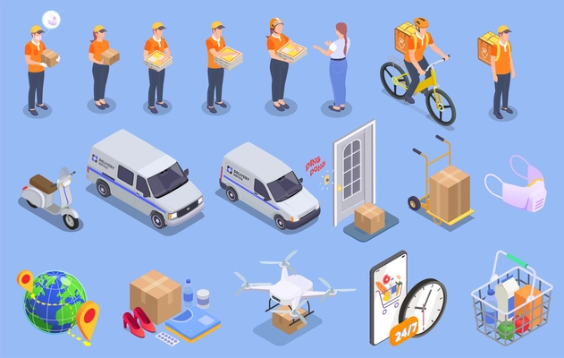 Delivery company service isometric set with isolated icons of goods vehicles and human characters of workers vector illustration