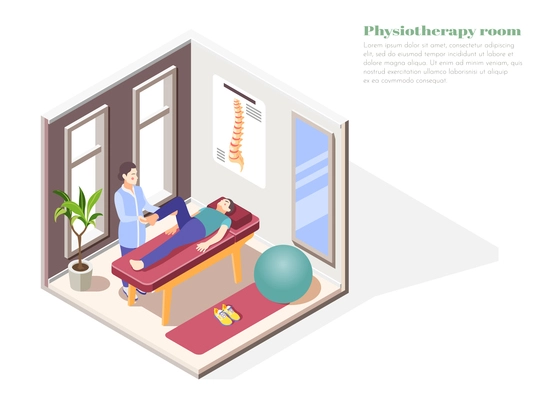 Orthopedics hospital concept with physiotherapy room symbols isometric vector illustration