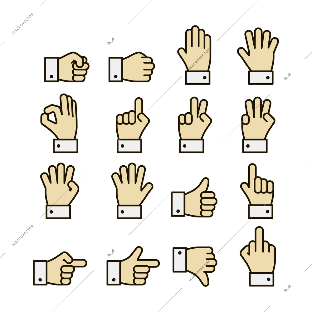 Hand gestures icons set, contrast color design isolated vector illustration