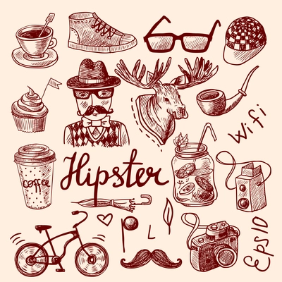 Set of hipster style doodles vintage antlers bicycle camera shoe icons vector illustration