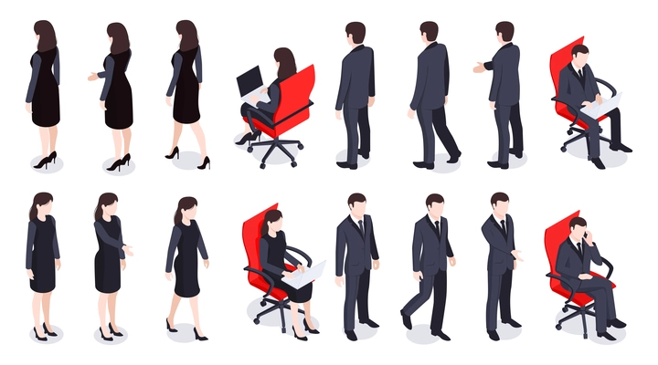 Isometric business people set with men and women in office wear front and back view 3d isolated vector illustration