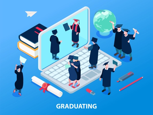 Graduating students and degree concept with academic staff symbols isometric vector illustration