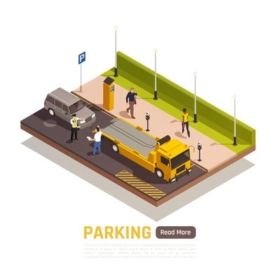 Parallel parking next to curb isometric element with wrong parked vehicle driver dispute with policeman vector illustration