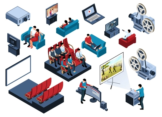 Isometric cinema set with isolated icons of movie theater equipment audience characters and home cinema images vector illustration