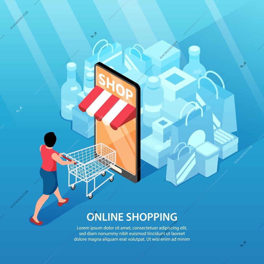 Isometric online shopping background square composition with text and images of goods with smartphone as door vector illustration