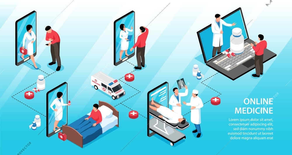 Isometric online medicine infographics with compositions of drugs smartphones laptop and characters of doctors with patients vector illustration