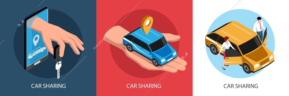 Isometric car sharing design concept with three square compositions of carsharing service icons and editable text vector illustration