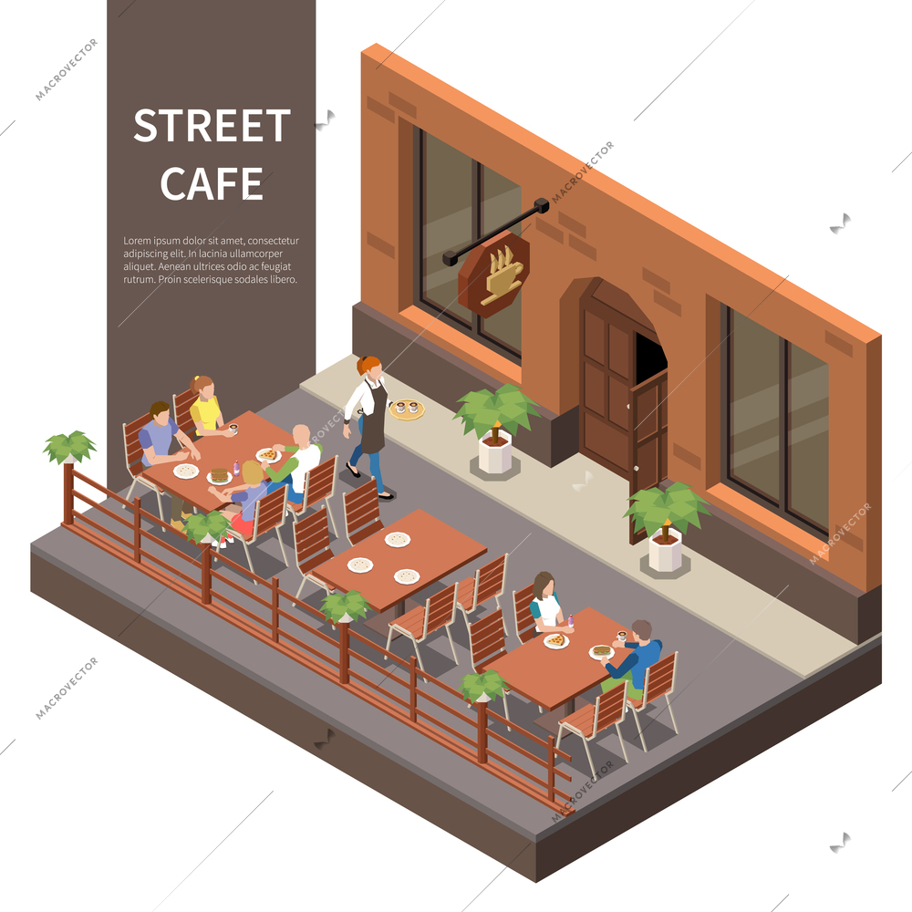 Street cafe terrace isometric composition three tables on the street with visitors and waiter vector illustration