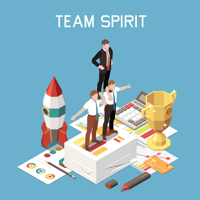 Isometric and colored soft skills concept with team spirit headline and three colleagues support each other vector illustration