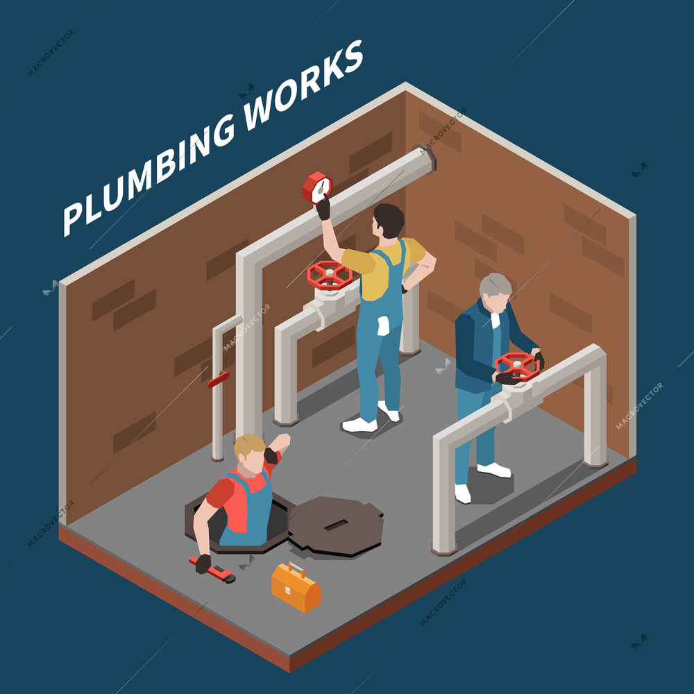 Plumber isometric concept with three workers repair pipes and plumbing works headline vector illustration