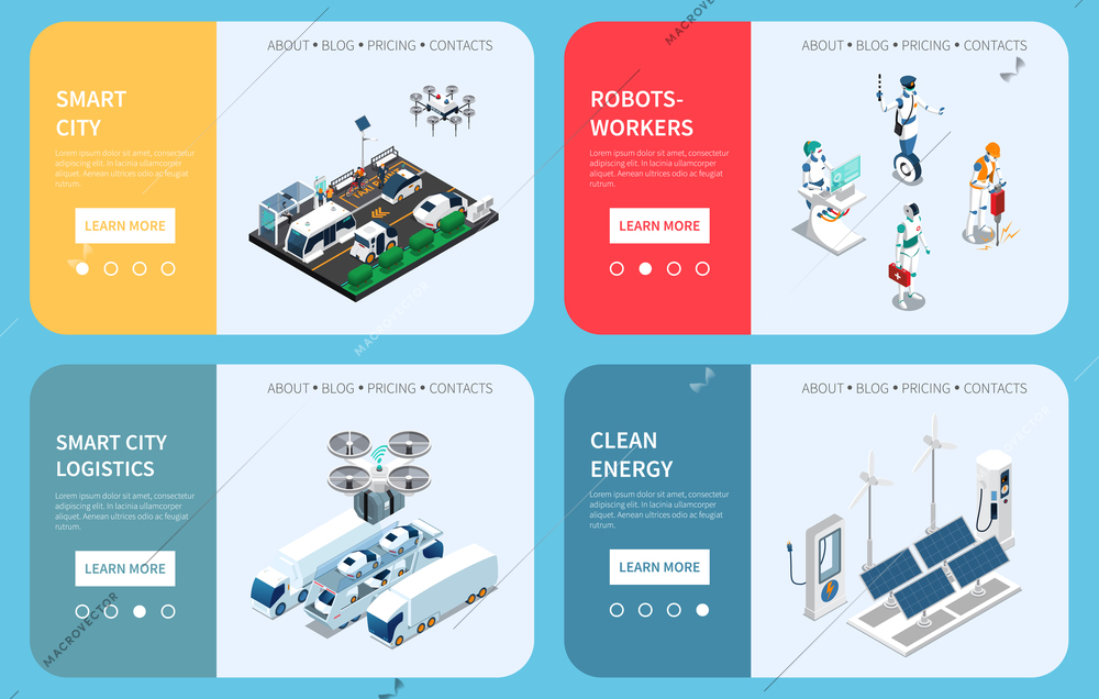 Four horizontal smart city technology isometric banner set with logistics robot workers and clean energy headlines vector illustration
