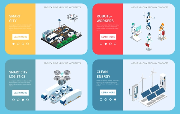 Four horizontal smart city technology isometric banner set with logistics robot workers and clean energy headlines vector illustration