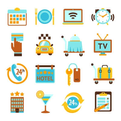 Hotel travel 24h room service flat icons set with breakfast bell and mobile tv isolated vector illustration