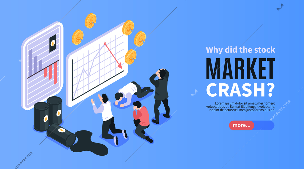 Financial crisis and stock market crash isometric banner with depressed people looking at oil prices downturn graph 3d vector illustration