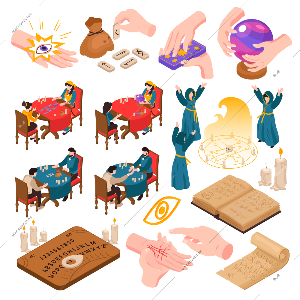 Isometric psychic fortune telling spiritualistic occult session set with isolated icons of magical items and people vector illustration