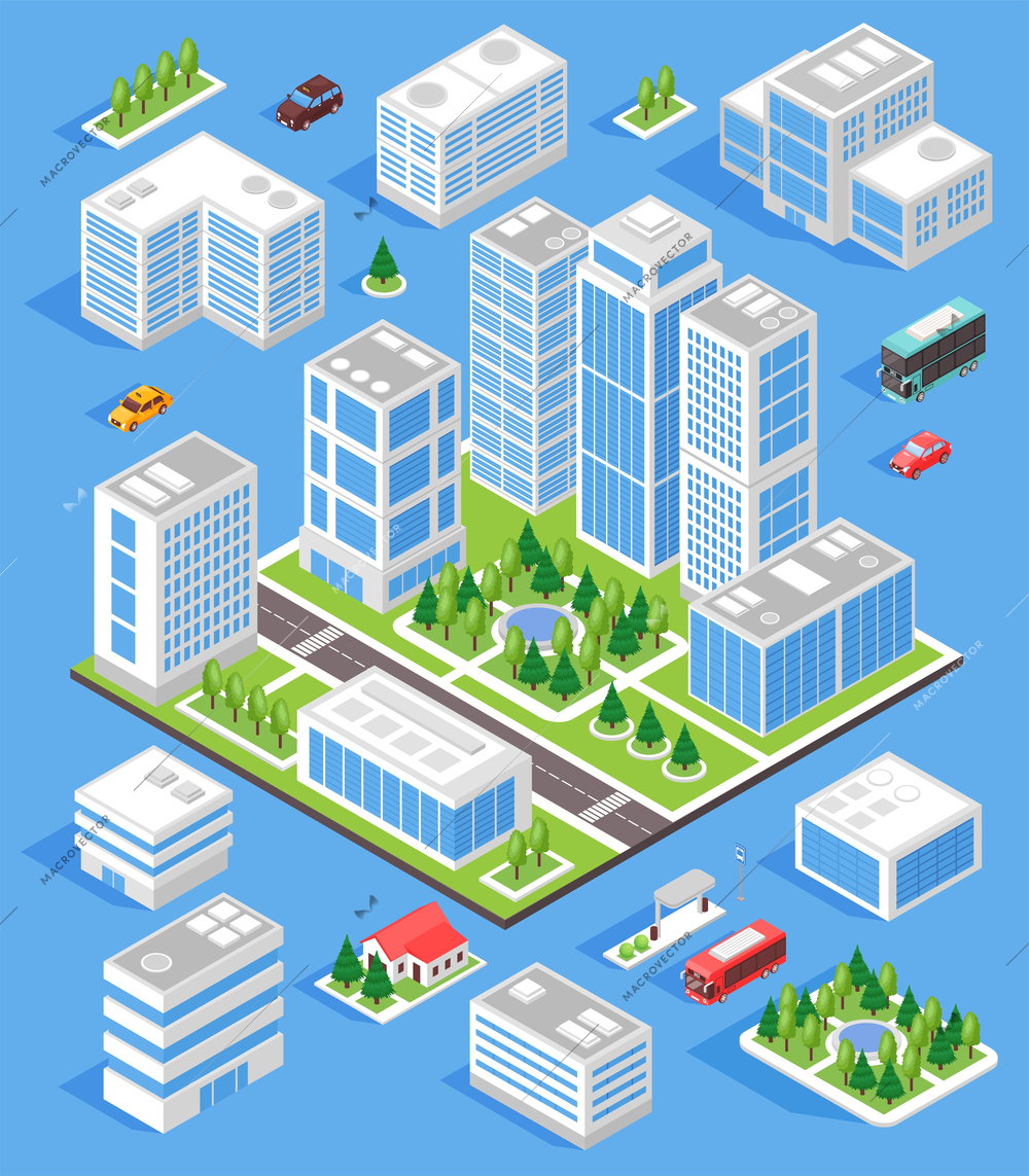 Isometric city composition with with set of town block with isolated images of buildings and transport vector illustration