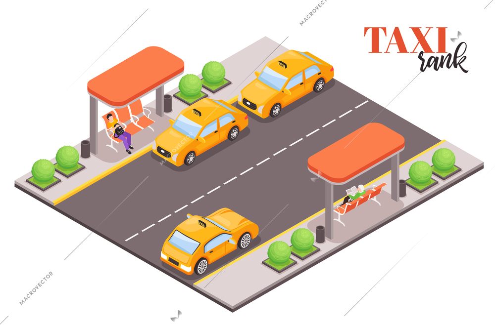 Isometric city taxi stop composition with text and piece of street with cab cars and people vector illustration