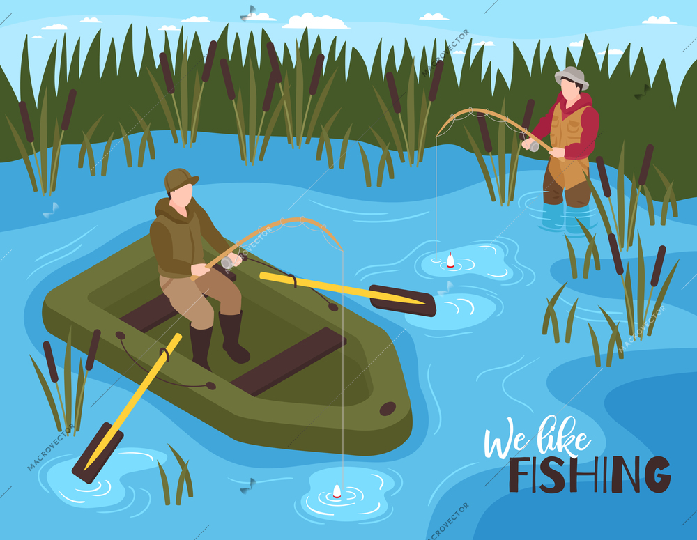 Isometric fishing composition with outdoor scenery and inflatable boat with characters of fishermen and editable text vector illustration