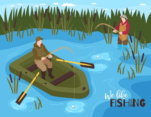 Isometric fishing composition with outdoor scenery and inflatable boat with characters of fishermen and editable text vector illustration