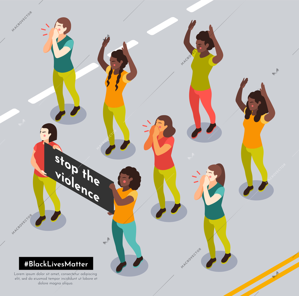 Black lives matter street demonstration with protesters shouting anti racial slogans holding banners isometric composition vector illustration