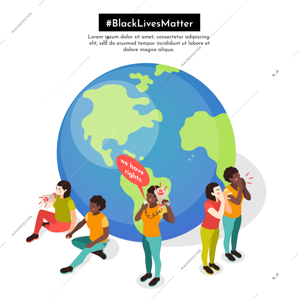 Black lives matter isometric background with activists standing in front of earth ball shouting slogans vector illustration