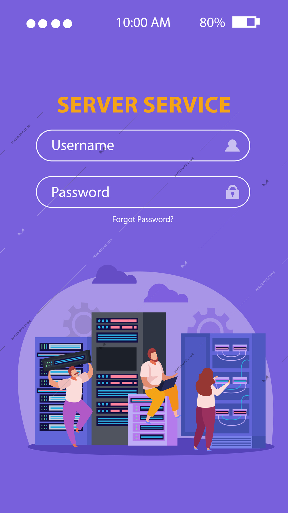 Flat background with log in form and system administrators fixing problems in server room vector illustration