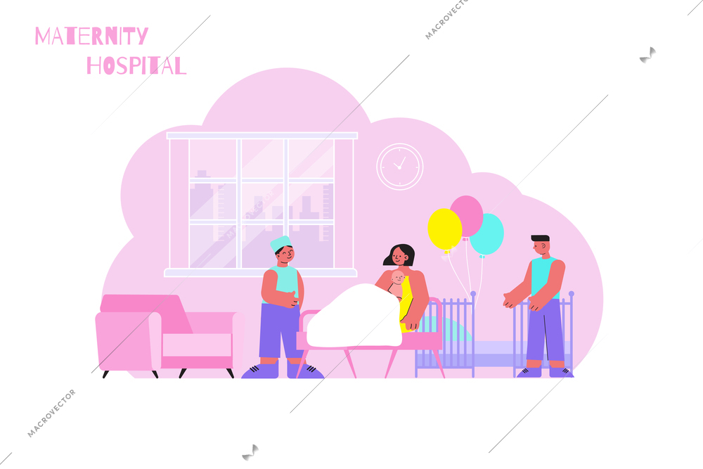 Maternity hospital flat composition with indoor scenery of mother in ward with festive balloons and obstetrician vector illustration