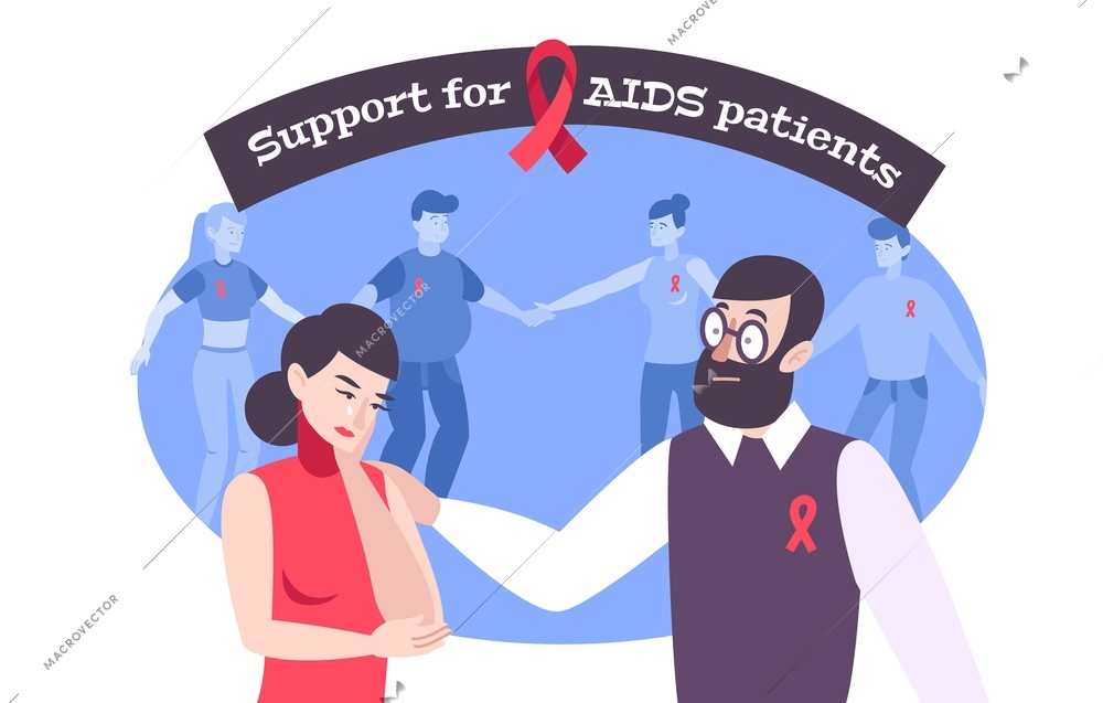 Hiv aids support solidarity flat composition with text ribbons and doodle human characters helping infected people vector illustration