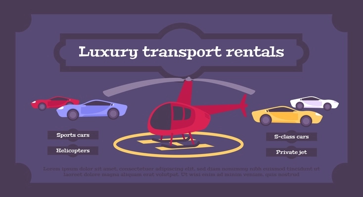 Luxury transport rental flat poster with sports cars private jet helicopters vip class cars vector illustration