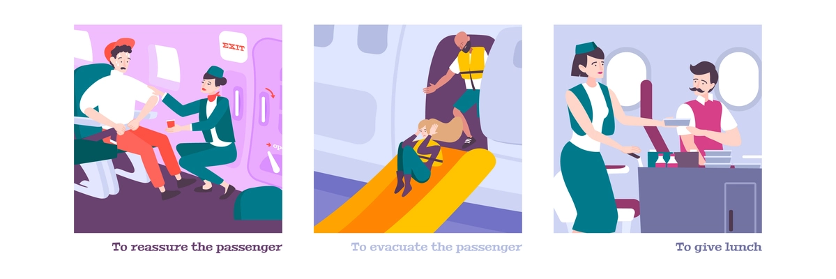 People on board flat compositions with flight attendants giving lunch reassuring passenger  providing evacuation flat vector illustration