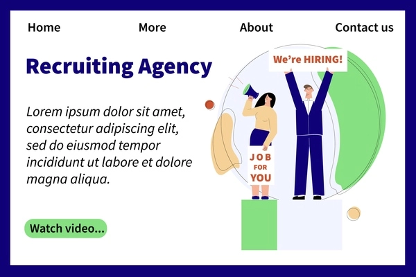 Employment agency web page with flat human characters holding text placards with clickable links and button vector illustration