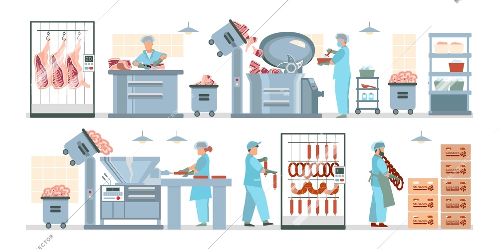 Meat processing plant flat composition with factory kitchen equipment with workers in uniform making meat products vector illustration