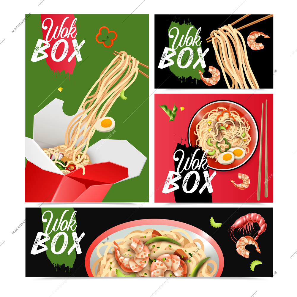 Chinese noodles 4 realistic advertising posters banners set with stir fry wok dishes vector illustration