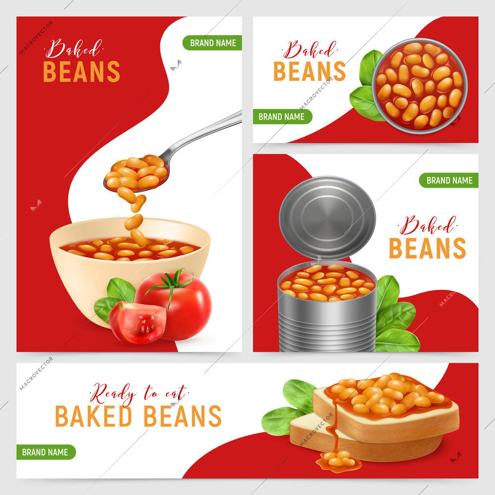 Set of four realistic banners with tin bowl and toast with baked beans in tomato sauce isolated vector illustration